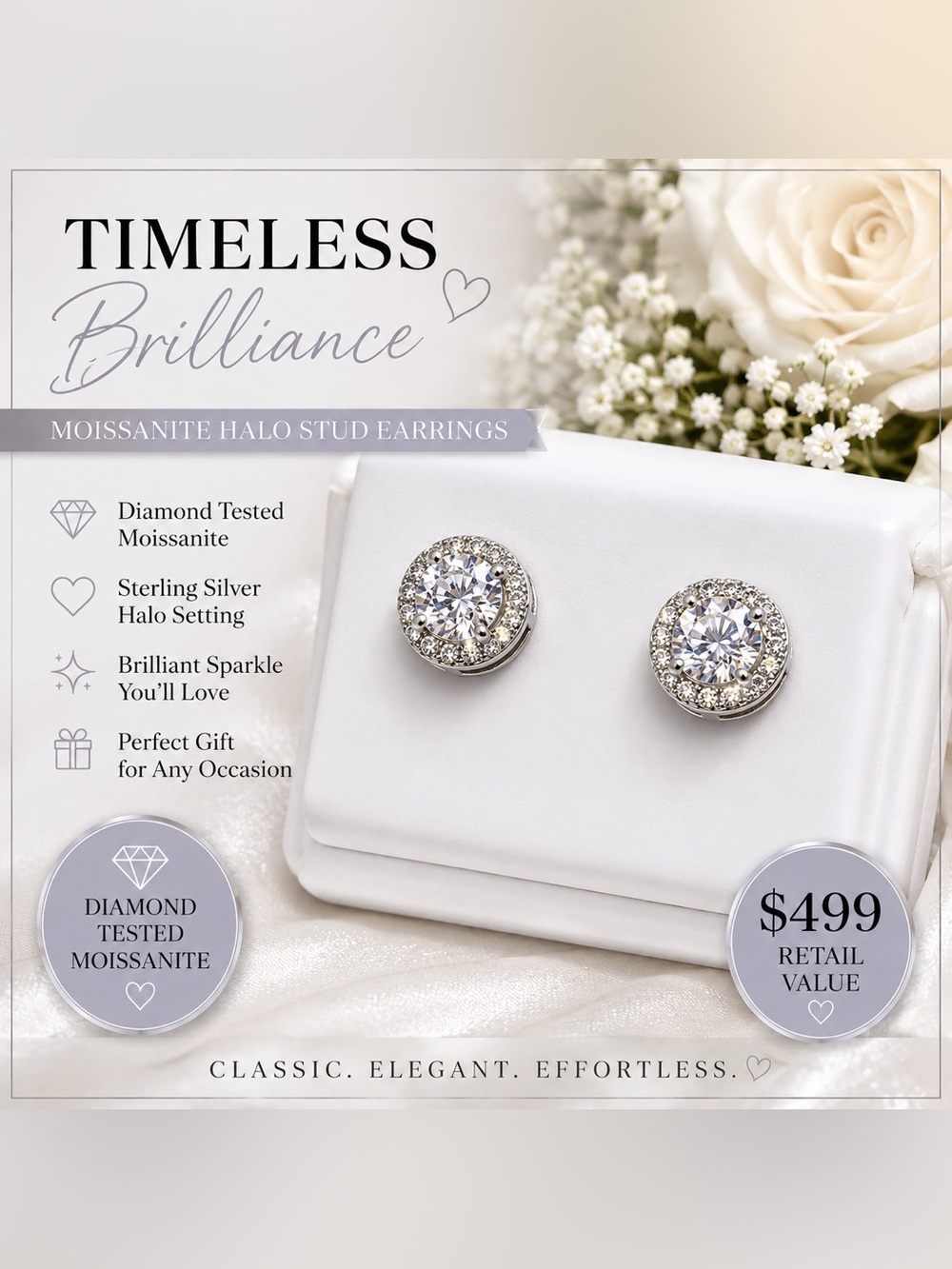 Moissanite, sterling, halo setting sterling silver earrings $499 retail value
